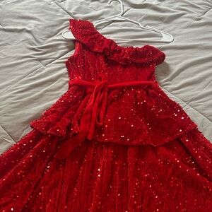Girls' Red Sequin One-Shoulder Tiered Formal Dress with Velvet Sash
